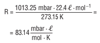 R = (1013.25 mbar·22.4l·mol^(-1)/273.15K = 83.14((mbar·l)/(mol·K)) 